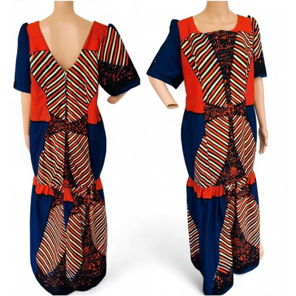 African Maxi Dress Orange Blue Stripe Print L